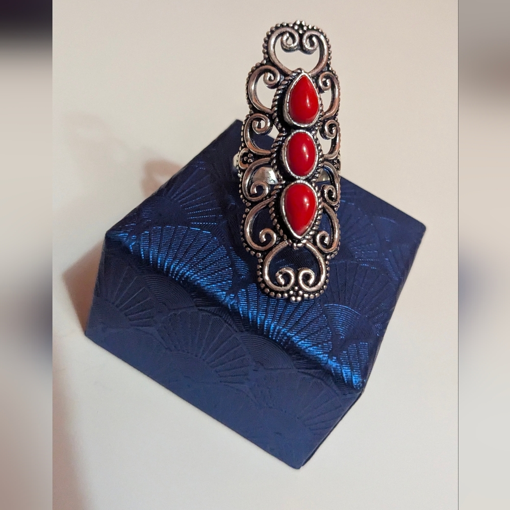Handcrafted Trio Red Coral Long Ring (6)